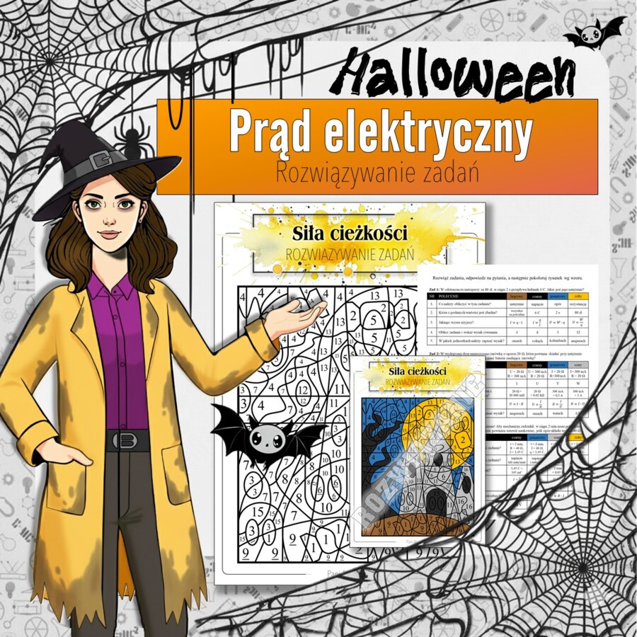 Prąd elektryczny - Karta pracy, Kolorowanka naukowa | Fizyka klasa 8 | Halloween