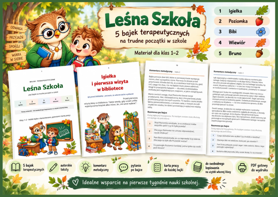 🦉 Leśna Szkoła – 5 bajek terapeutycznych na trudne sytuacje w szkole
