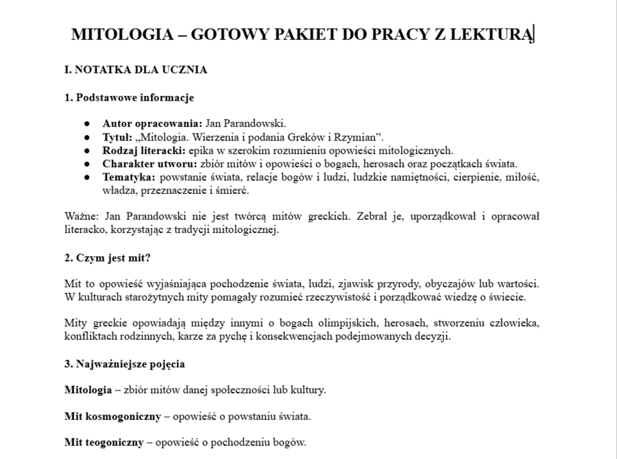 Mitologia Parandowskiego- gotowy pakiet do pracy z lekturą