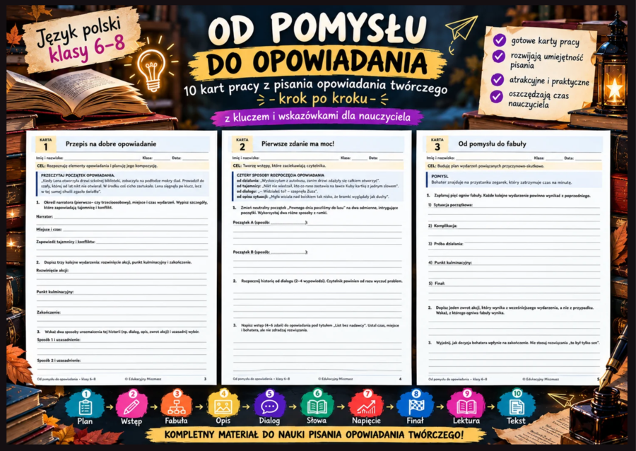 ✍️ OD POMYSŁU DO OPOWIADANIA – 10 KART PRACY | KLASY 6–8 | OPOWIADANIE TWÓRCZE + KLUCZ | 16 STRON | PDF + WORD