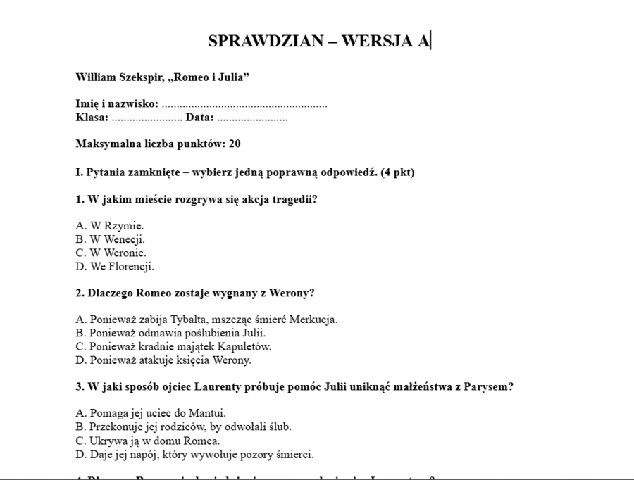 Sprawdzian- Romeo i Julia