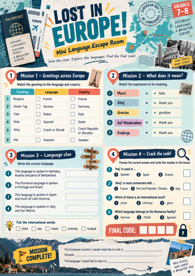 Europejski Dzień Języków – pakiet dla klas 1–8 | karty pracy + escape room + passport