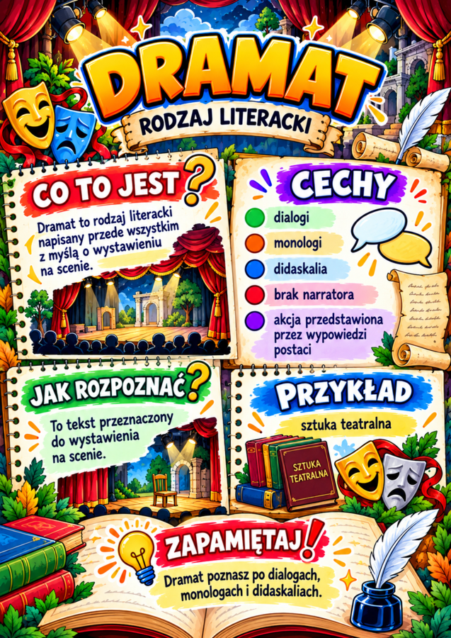 RODZAJE I GATUNKI LITERACKIE – 12 kolorowych plansz A4 | liryka, epika, dramat i najważniejsze gatunki