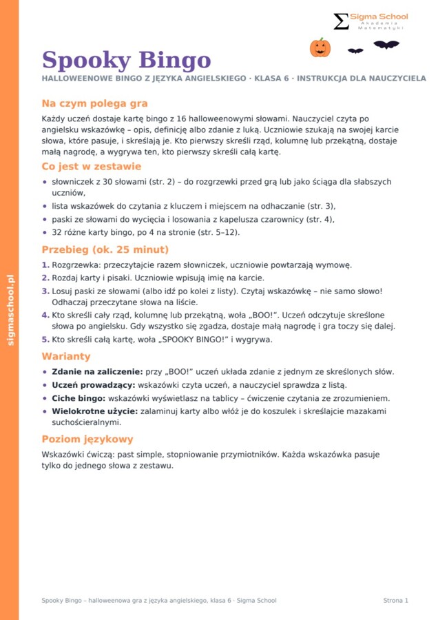 Halloween – Spooky Bingo – język angielski, klasa 6