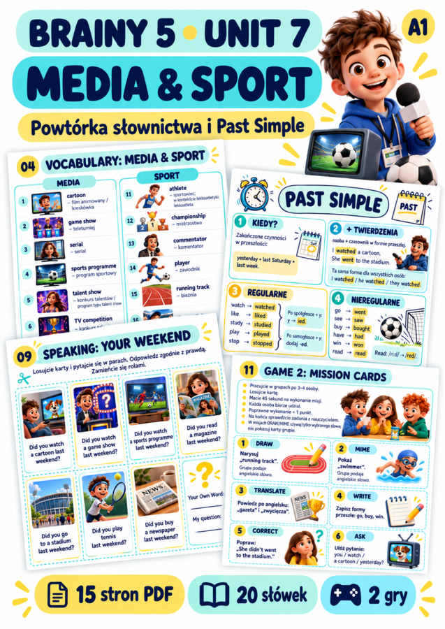 Brainy 5 Unit 7 – Media i sport, Past Simple | 15 stron + 2 gry