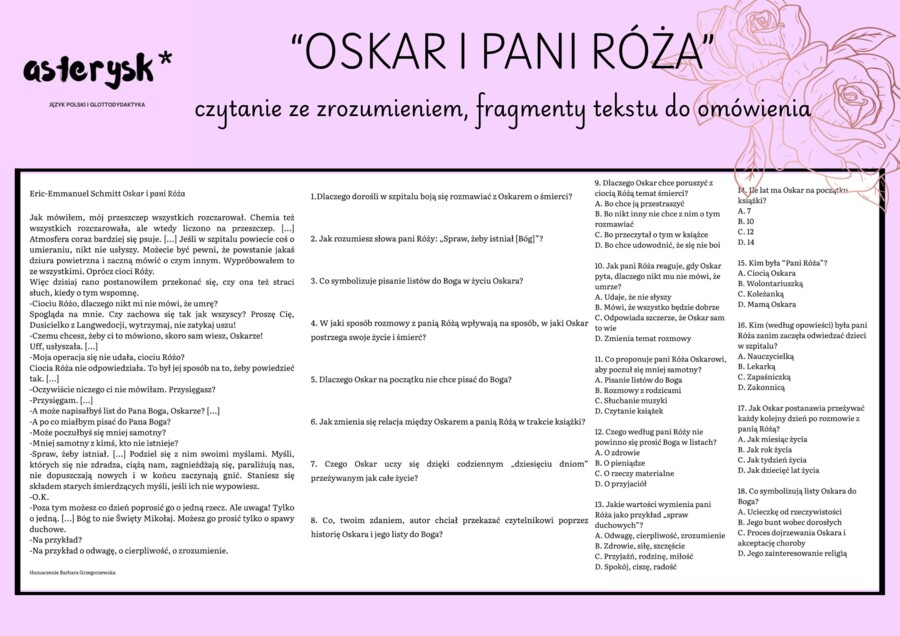 "Oskar i pani Róża" - czytanie ze zrozumieniem + fragmenty tekstu do omówienia