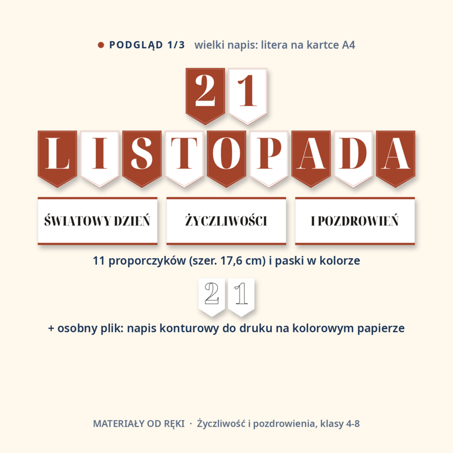 Gazetka na Światowy Dzień Życzliwości i Pozdrowień 21 listopada: napis, 8 plansz o życzliwości, hasła i karty ze zwrotami, klasy 4-8