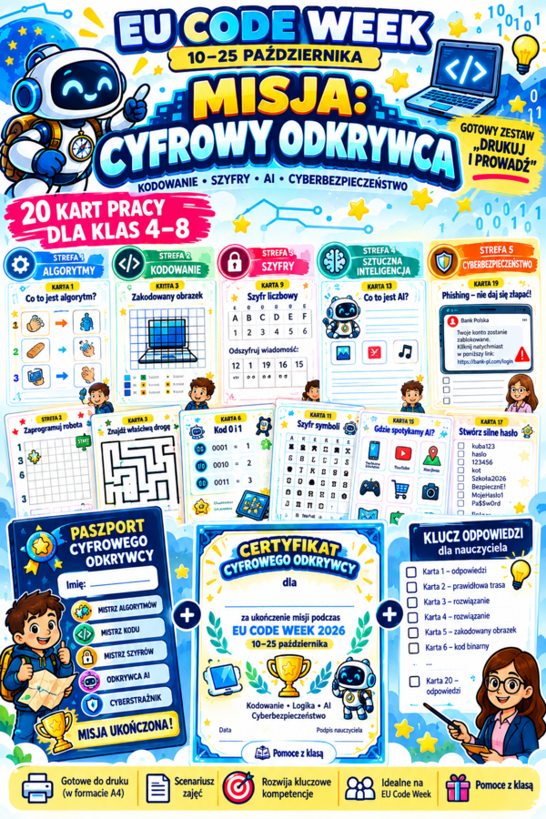 EU Code Week – „Misja: Cyfrowy Odkrywca” | 20 kart pracy + scenariusz + paszport + certyfikat | kl. 4–8
