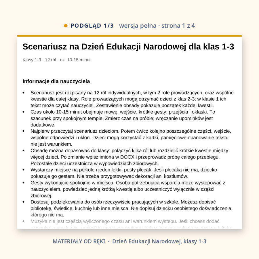 Scenariusz na Dzień Edukacji Narodowej, klasy 1-3, wersja pełna i skrócona