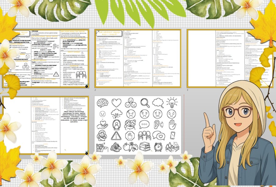 Sketchnotka/notatka - dla ucznia i przypomnienie dla nauczyciela w pdf. Temat "Jak odróżnić emocje moje i innych?". Edukacja zdrowotna. Klasa 5.