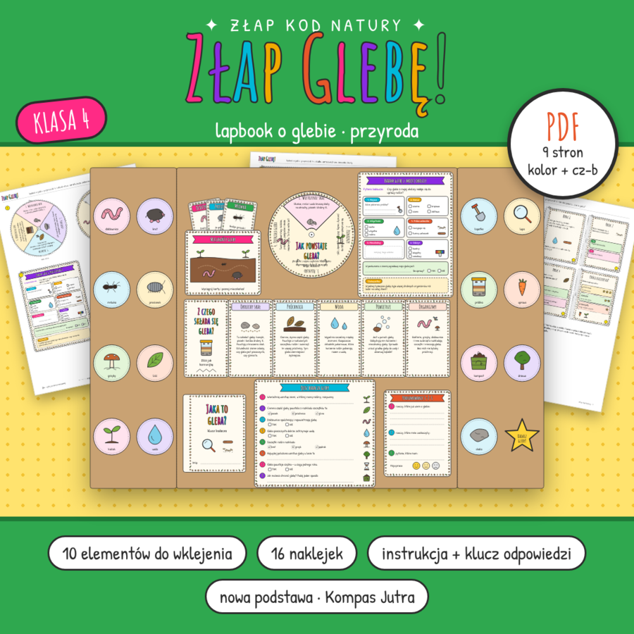 Moja okolica: Lapbook o glebie – przyroda klasa 4, nowa podstawa (Kompas Jutra) | „Złap Glebę!” | PDF kolor + czarno-biały