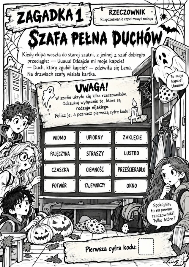 "Halloweenowa pułapka. Klątwa trzech części mowy" - escape room dla klas 4-6.