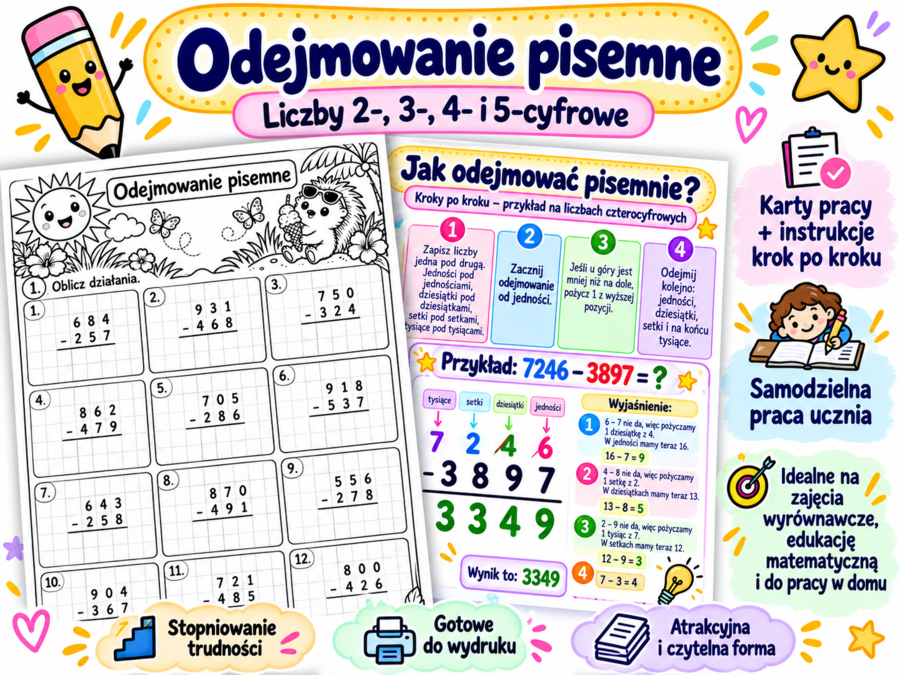 Odejmowanie pisemne – od podstaw| 8 Kart pracy + 4 instrukcje krok po kroku