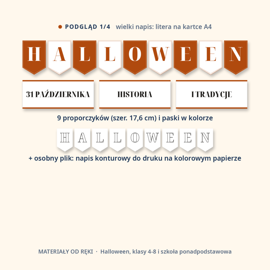 Gazetka na Halloween 31 października: napis, 10 plansz o historii i tradycjach z osią czasu, hasła i karty ze słówkami, klasy 4-8 i szkoła ponadpodstawowa