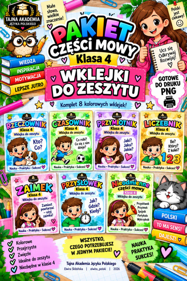 Pakiet części mowy – 8 wklejek do zeszytu | Klasa 4 | Tajna Akademia Języka Polskiego | PNG