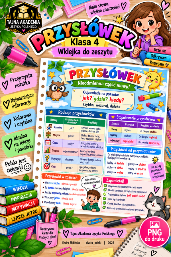 Przysłówek – wklejka do zeszytu | Klasa 4 | Tajna Akademia Języka Polskiego | PNG