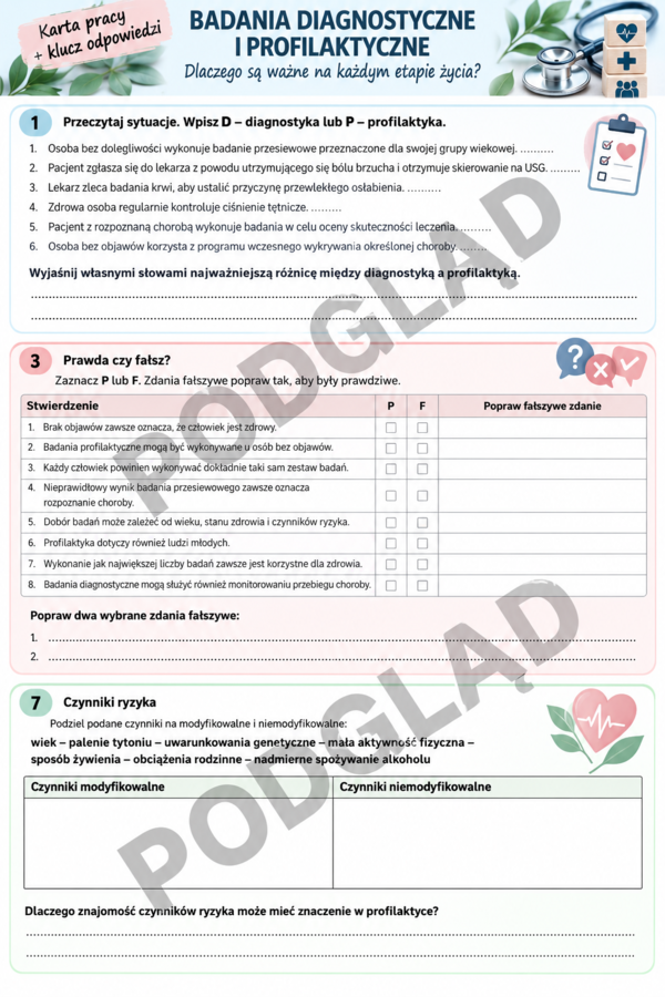 KARTA PRACY + klucz - Badania diagnostyczne i profilaktyczne – dlaczego są ważne na każdym etapie życia? Edukacja zdrowotna