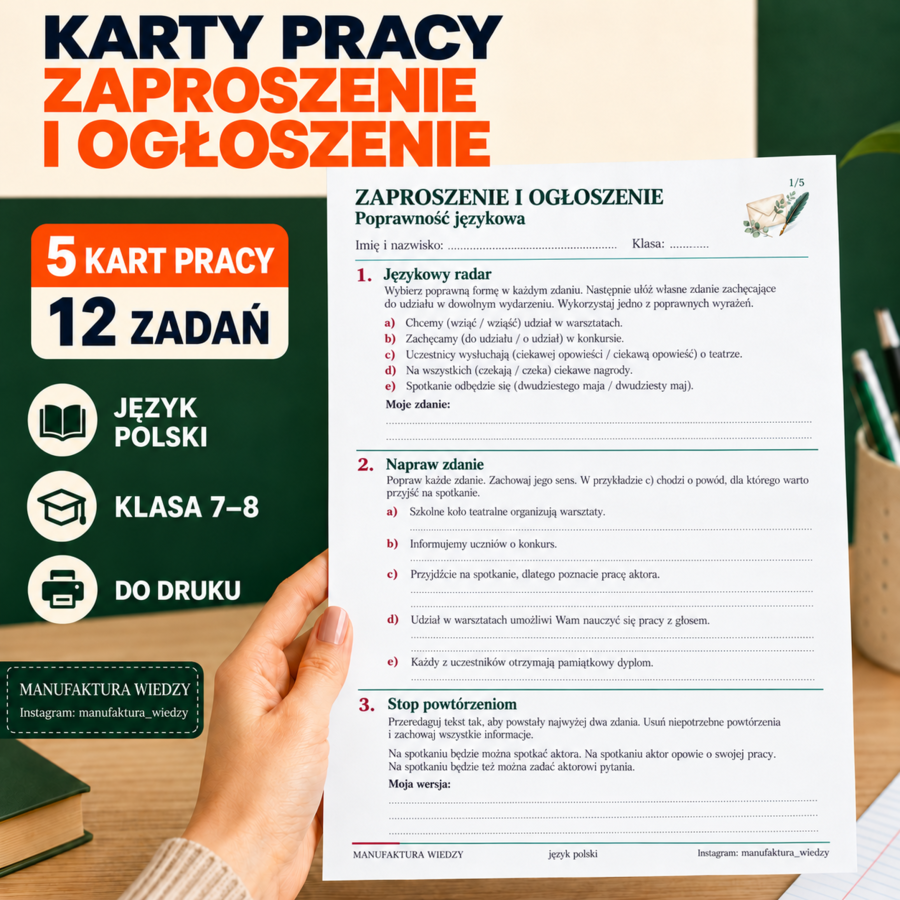 Zaproszenie i ogłoszenie – karty pracy dla nauczyciela | klasy 7–8 | egzamin ósmoklasisty