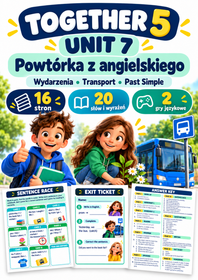 Together 5 Unit 7 – powtórka: Past Simple, wydarzenia i transport | 16 stron, 2 gry