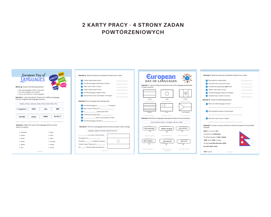 European Day of Languages Worksheet - Europejski Dzień Języków obcych - karta pracy, języka angielski, poziom podstawowy