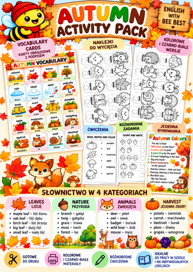 AUTUMN ACTIVITY PACK – Jesienny pakiet edukacyjny Bee Best - spinning Wheels,  wylicznka, naklejki - pacynki, zakładki, printouts