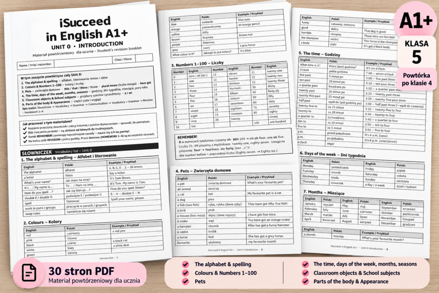 Isucceed in English Angielski A1+ – Unit 0 | 30 stron powtórki: słownictwo, gramatyka, komunikacja i revision