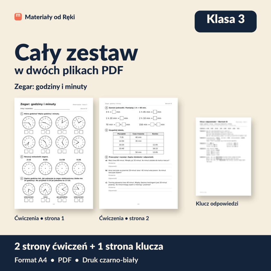 Zegar: godziny i minuty - karta pracy z kluczem | Matematyka, klasa 3 | Wariant B