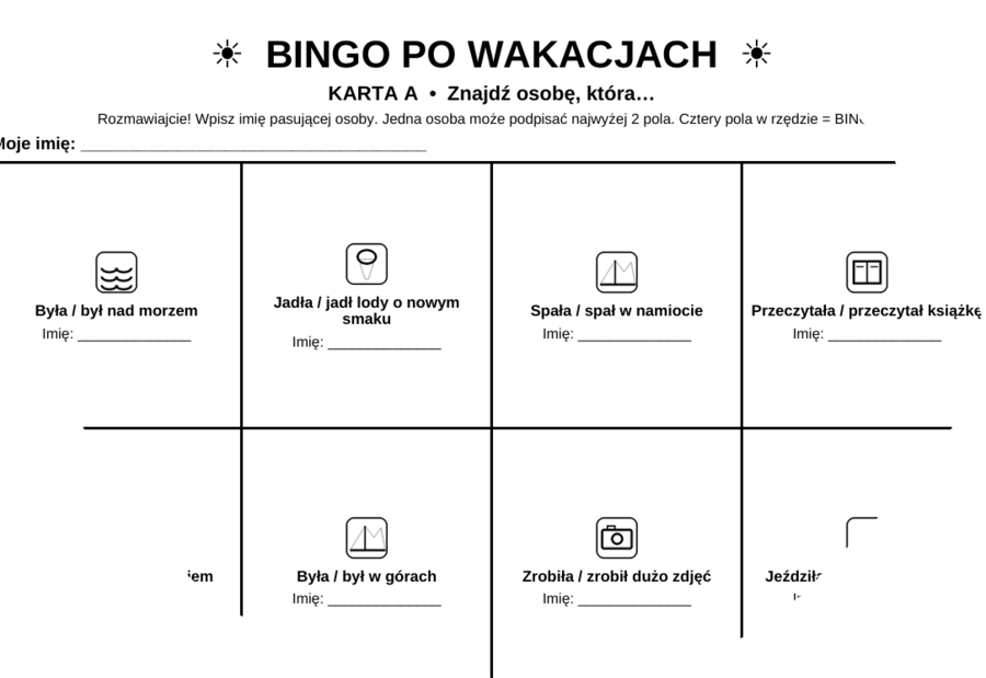 Integracyjne bingo po wakacjach - Znajdź osobę, która...