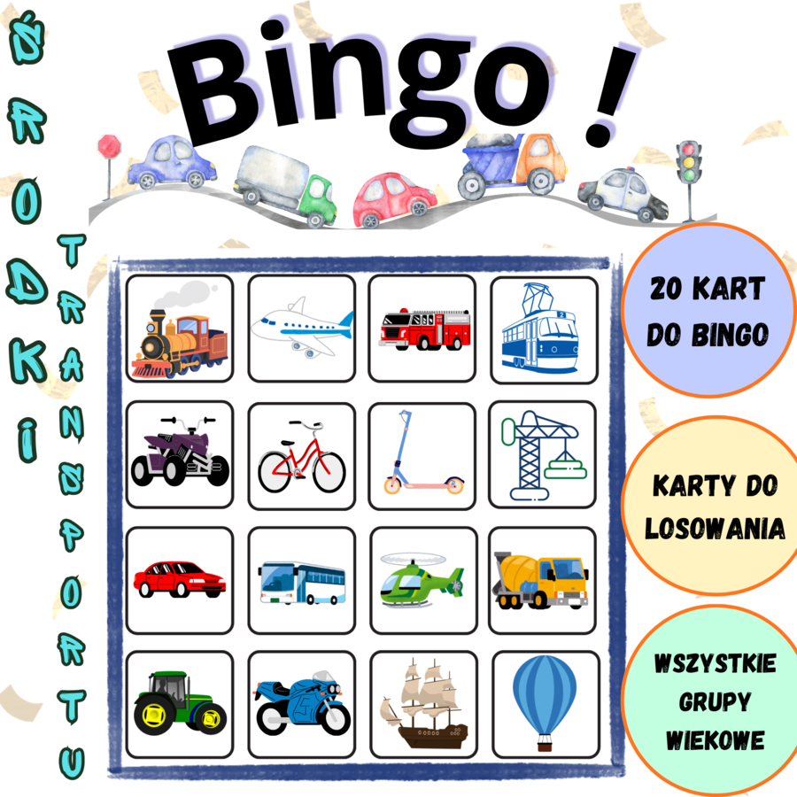 Bingo – środki transportu dla dzieci | 20 kart do bingo