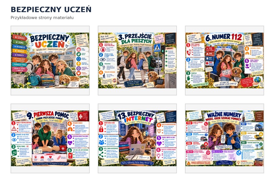 BEZPIECZNY UCZEŃ – 33 kolorowe plansze edukacyjne