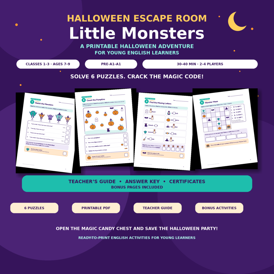 Halloween Escape Room: Little Monsters – gra edukacyjna PDF do nauki angielskiego dla klas 1–3