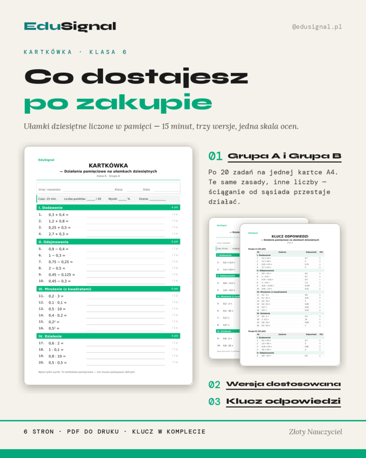 Ułamki dziesiętne — kartkówka z działań pamięciowych, klasa 6 (2 grupy + wersja dostosowana + klucz)