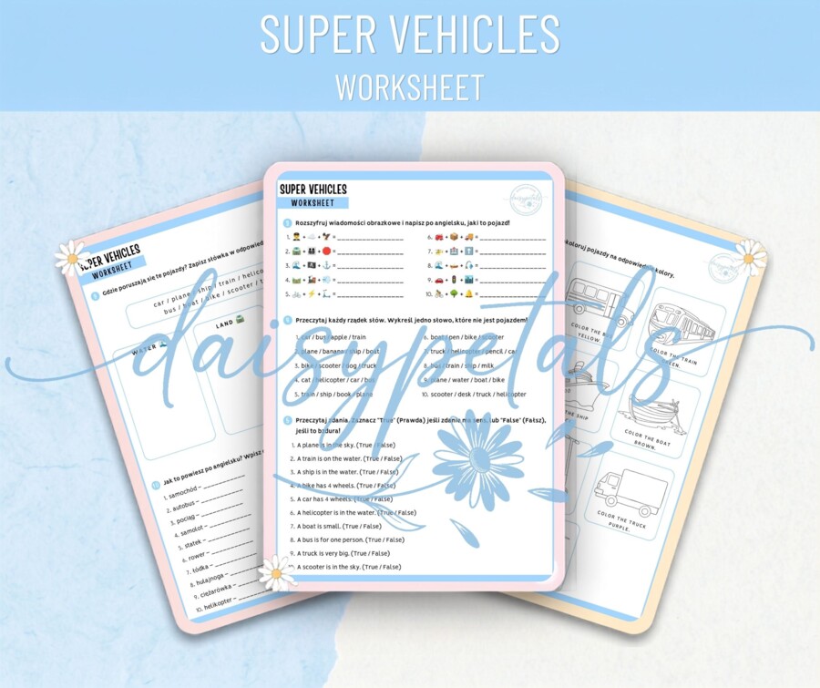 Super Vehicles: Pojazdy po angielsku – Zabawy, Słownictwo, Kolorowanki + Klucz!