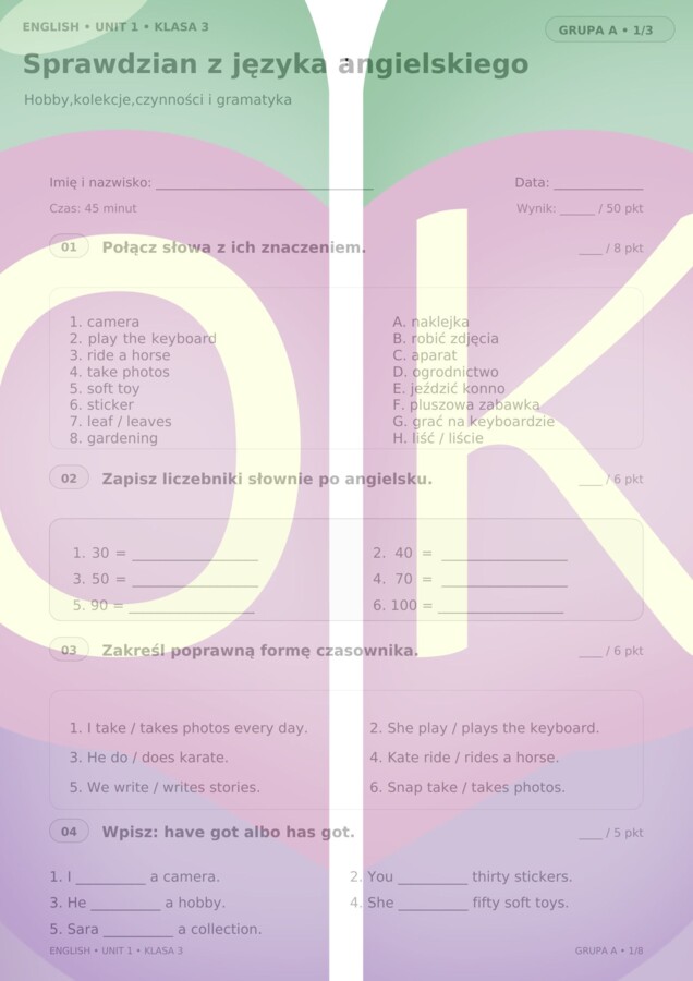 Komplet Sprawdzianów z Języka Angielskiego: Hello Explorer 3 (Unit 1–4) – Grupa A, B + Karty Odpowiedzi