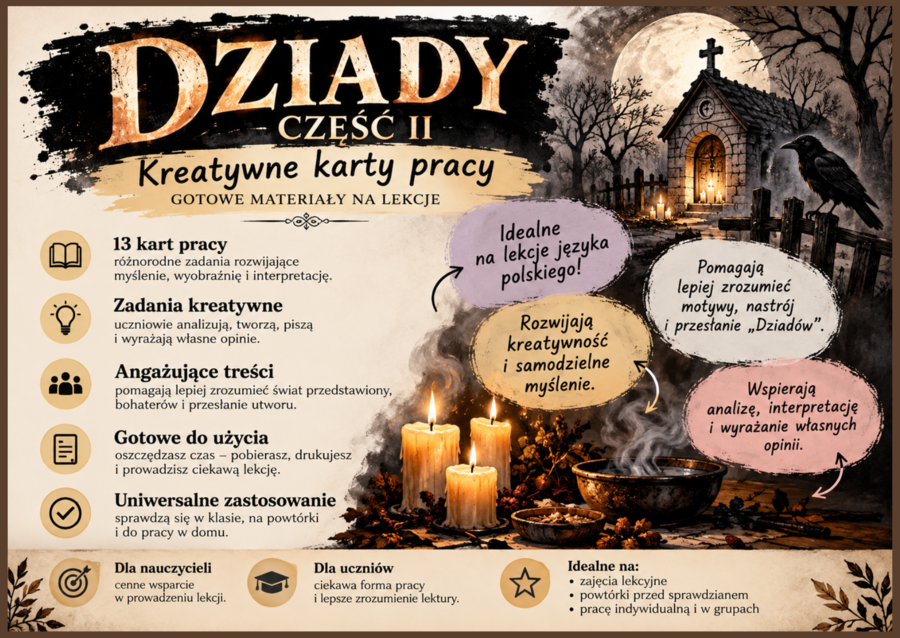 👻 "DZIADY cz. II" – kreatywne karty pracy | Adam Mickiewicz | 13 kart