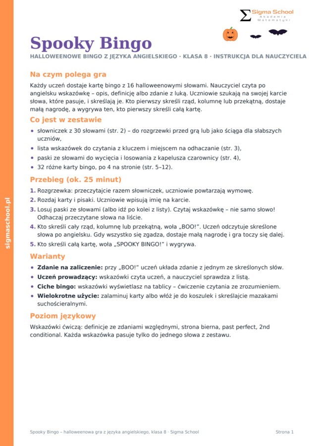 Halloween – Spooky Bingo – język angielski, klasa 8