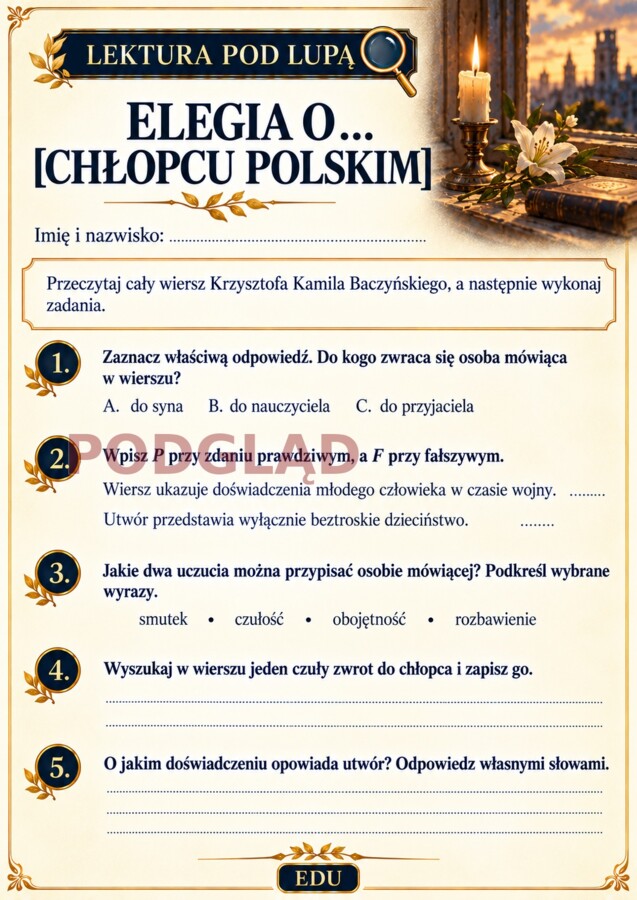 KRZYSZTOF KAMIL BACZYŃSKI – LIRYKA | 15 kart pracy, test i odpowiedzi | klasy 7–8 SP