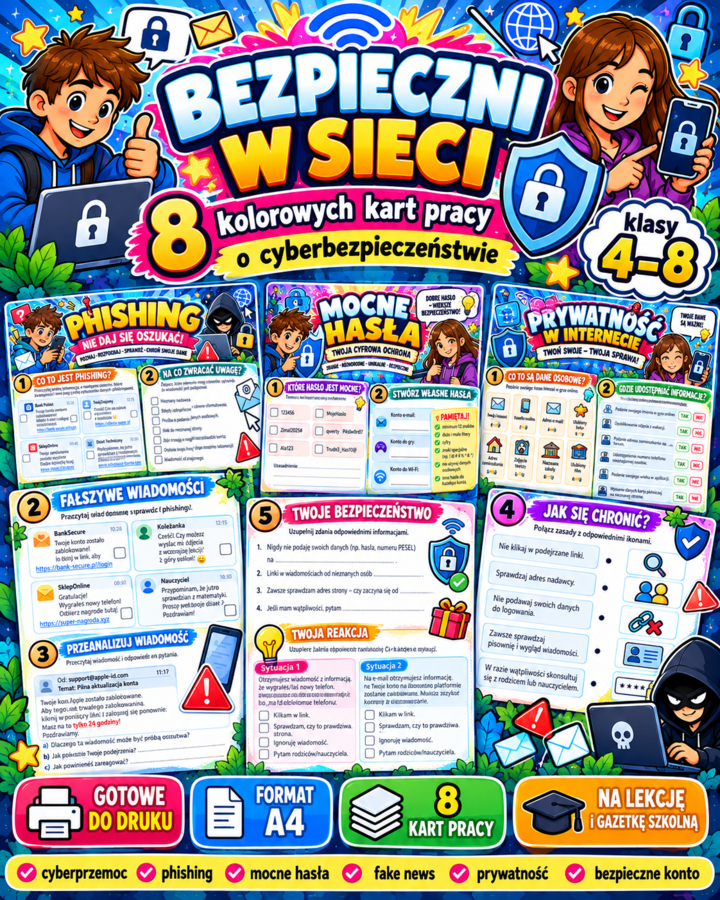 BEZPIECZNI W SIECI – 8 kolorowych kart pracy o cyberbezpieczeństwie | klasy 4–8
