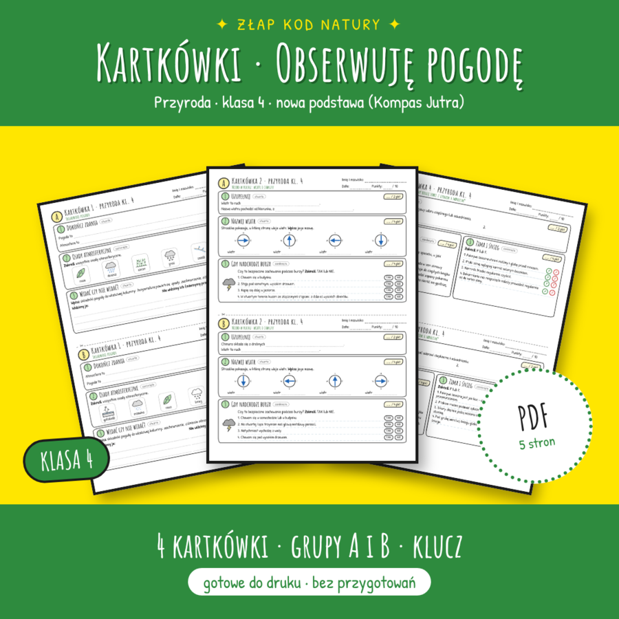 Kartkówki z przyrody kl. 4 – Obserwuję pogodę | 4 kartkówki, grupy A i B + klucz | Sketchnote (PDF)