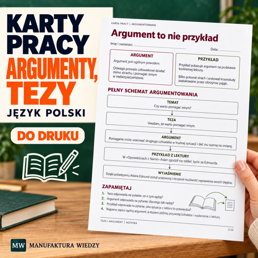 Rozprawka – teza, argument i przykład z lektury – karty pracy i notatka – 12 stron PDF