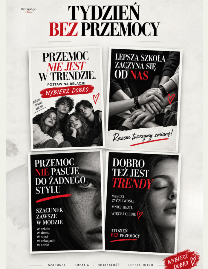 Tydzień bez przemocy! projekt- scenariusz na 7 dni szkolnej akcji, plakaty, karty pracy, gazetka, baner, skrypt na 7 lekcji o przemocy