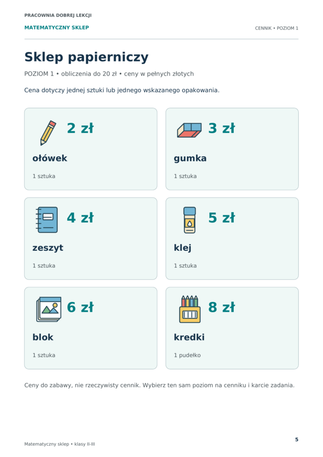 Matematyczny sklep. Zakupy, płacenie i wydawanie reszty | klasy 2–3
