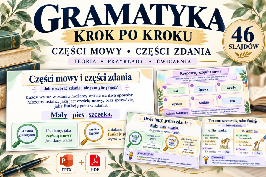 Części mowy i części zdania, rozbiór gramatyczny i logiczny zdania w SP-  teoria, ćwiczenia z odpowiedziami