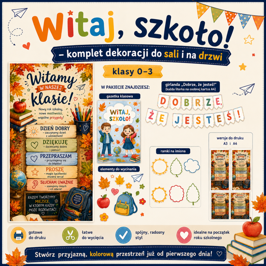 „Witaj, szkoło!” – komplet dekoracji do sali i na drzwi  klasy 0–3