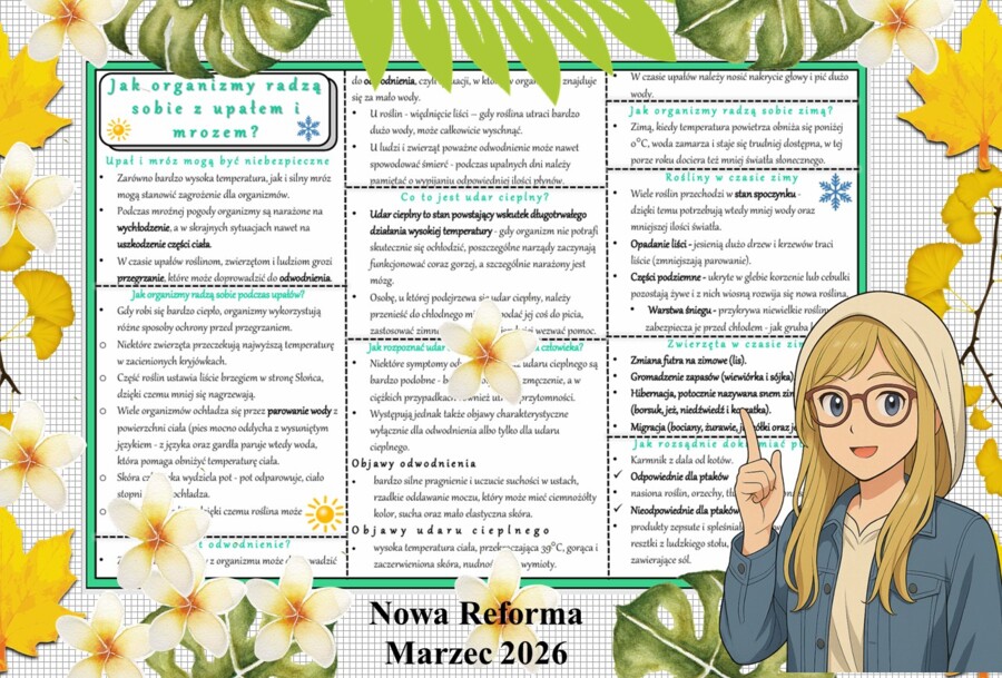 Sketchnotka/notatka - dla ucznia i przypomnienie dla nauczyciela w pdf. Temat "Jak organizmy radzą sobie z upałem i mrozem". Przyroda 4. "Odkrywam przyrodę" zgodna z wydawnictwem Nowa Era. Dział "Obserwuję pogodę".