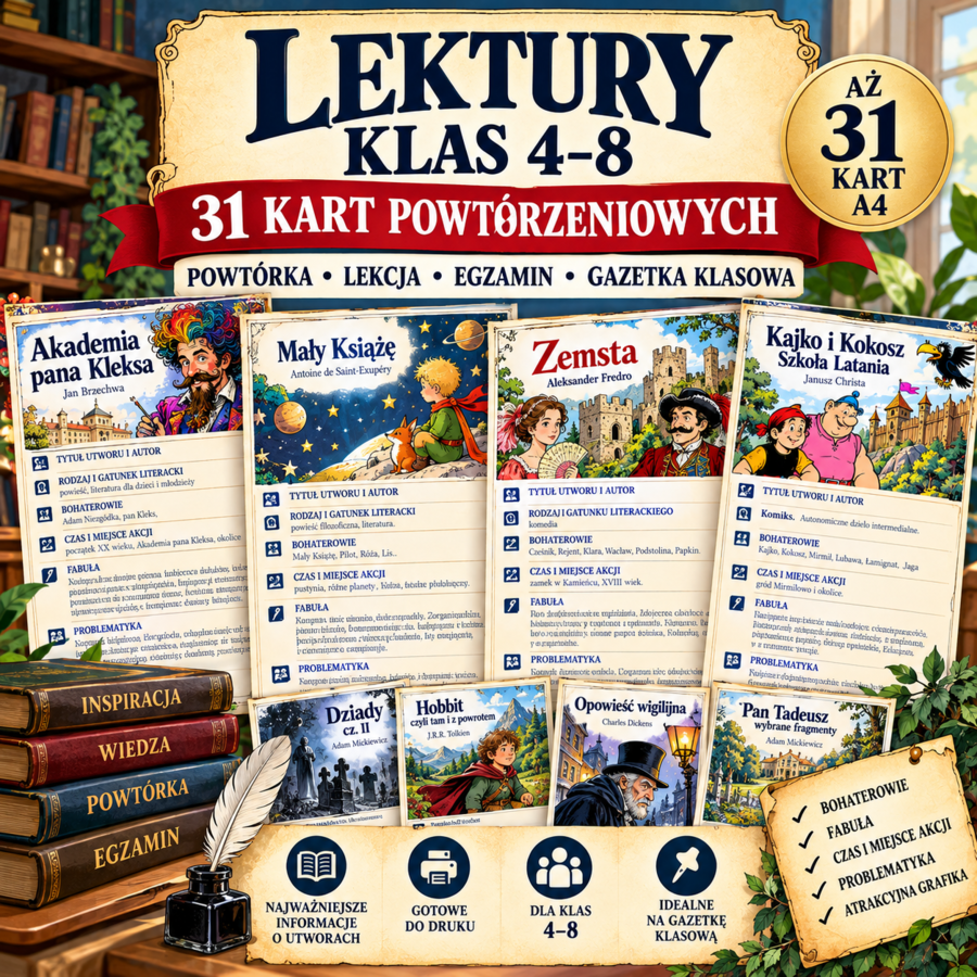 Lektury klas 4-8. 31 kart do szybkiego powtórzenia.