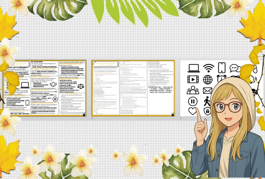 Sketchnotka/notatka - dla ucznia i przypomnienie dla nauczyciela w pdf. Temat "Jak planować mój czas w sieci?". Edukacja zdrowotna. Klasa 6.