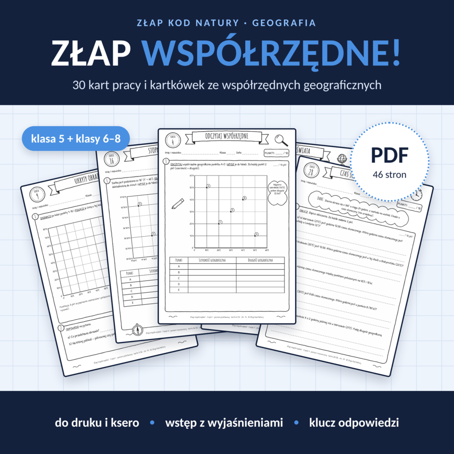 ZŁAP WSPÓŁRZĘDNE! 30 kart pracy i kartkówek – Geografia (Siatka i Współrzędne Geograficzne)