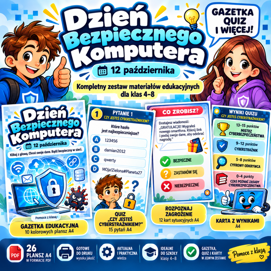 12 października – Dzień Bezpiecznego Komputera | gazetka + quiz, kl. 4–8