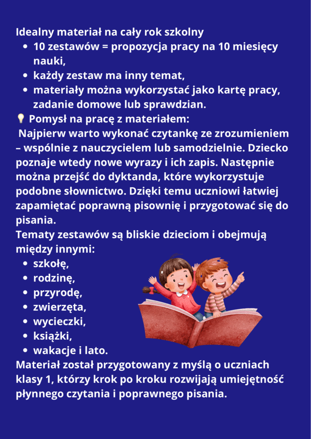 Czytanie ze zrozumieniem + dyktanda klasa 1 | Zestaw 10 kart pracy